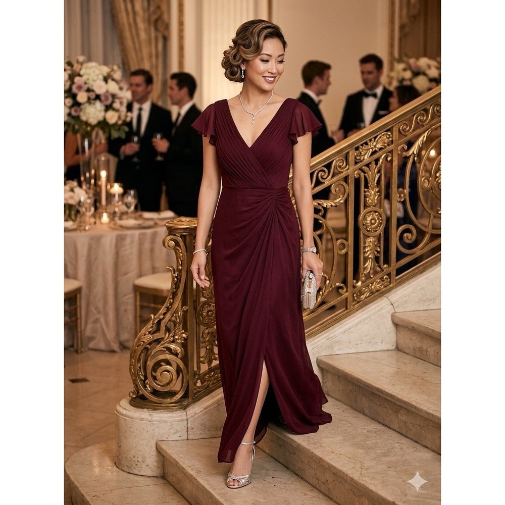 VTG Tadashi Collection Maroon 100% Silk Maxi Formal Dress Womens US 12 $498